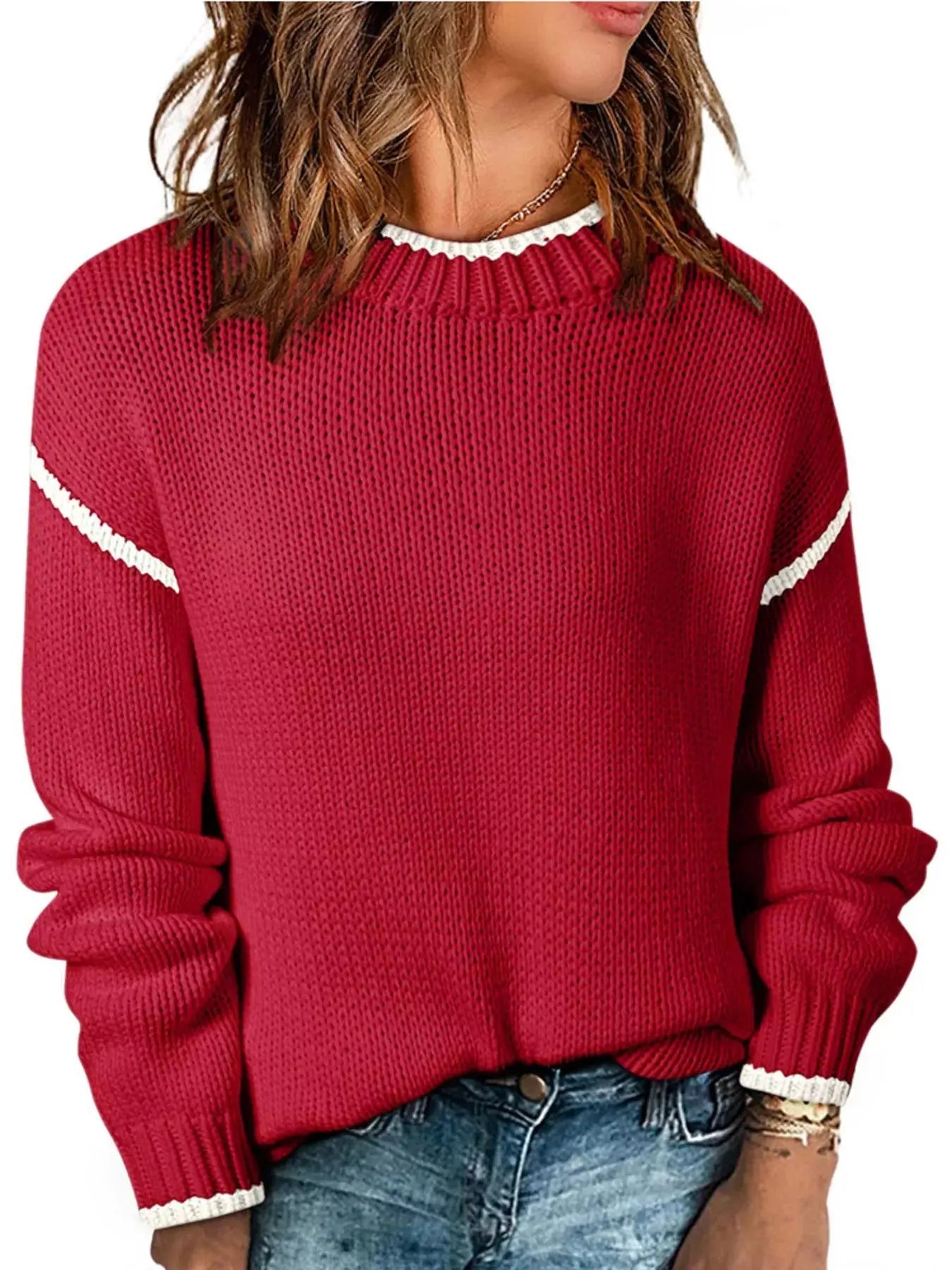 Contrast Trim Long Sleeve Sweater - Charmdeals
