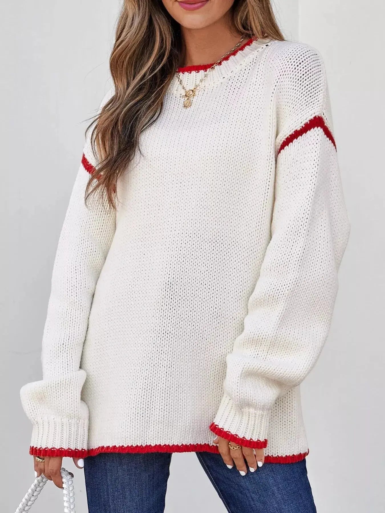 Contrast Trim Long Sleeve Sweater - Charmdeals