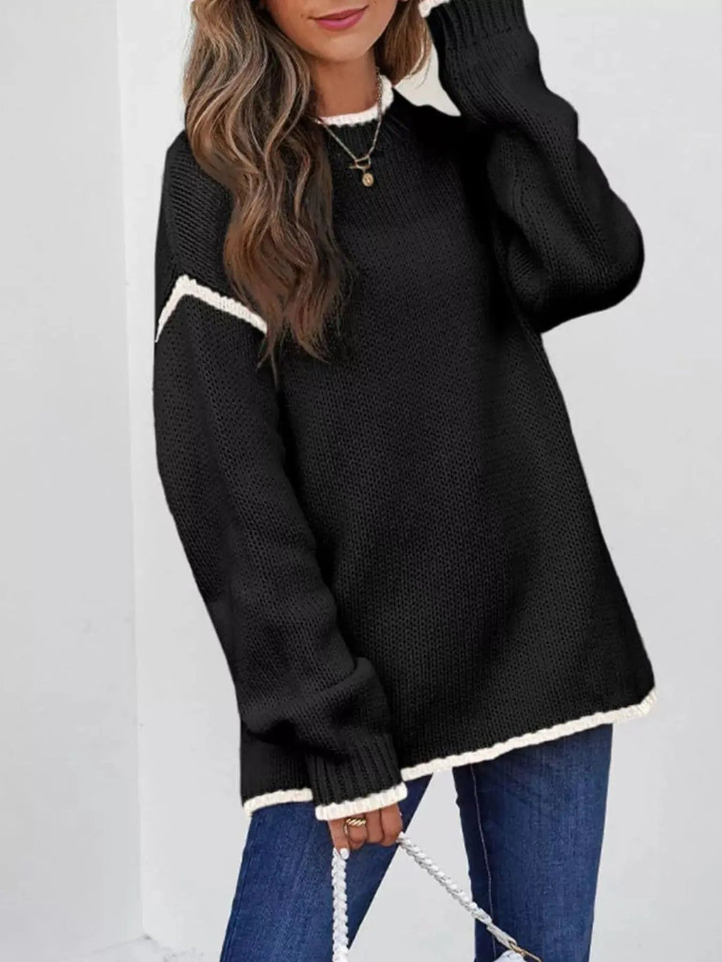Contrast Trim Long Sleeve Sweater - Charmdeals