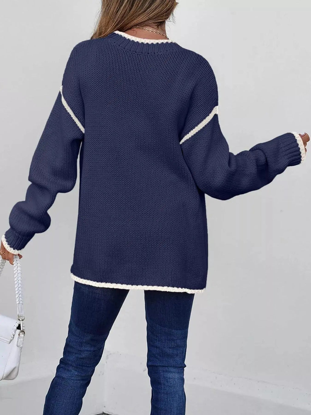 Contrast Trim Long Sleeve Sweater - Charmdeals
