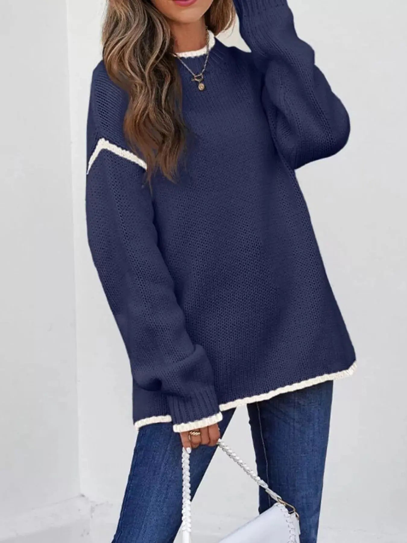 Contrast Trim Long Sleeve Sweater - Charmdeals