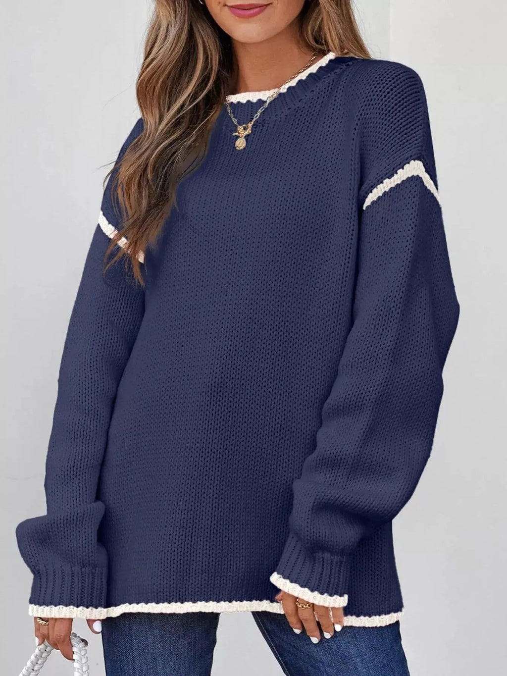 Contrast Trim Long Sleeve Sweater - Charmdeals