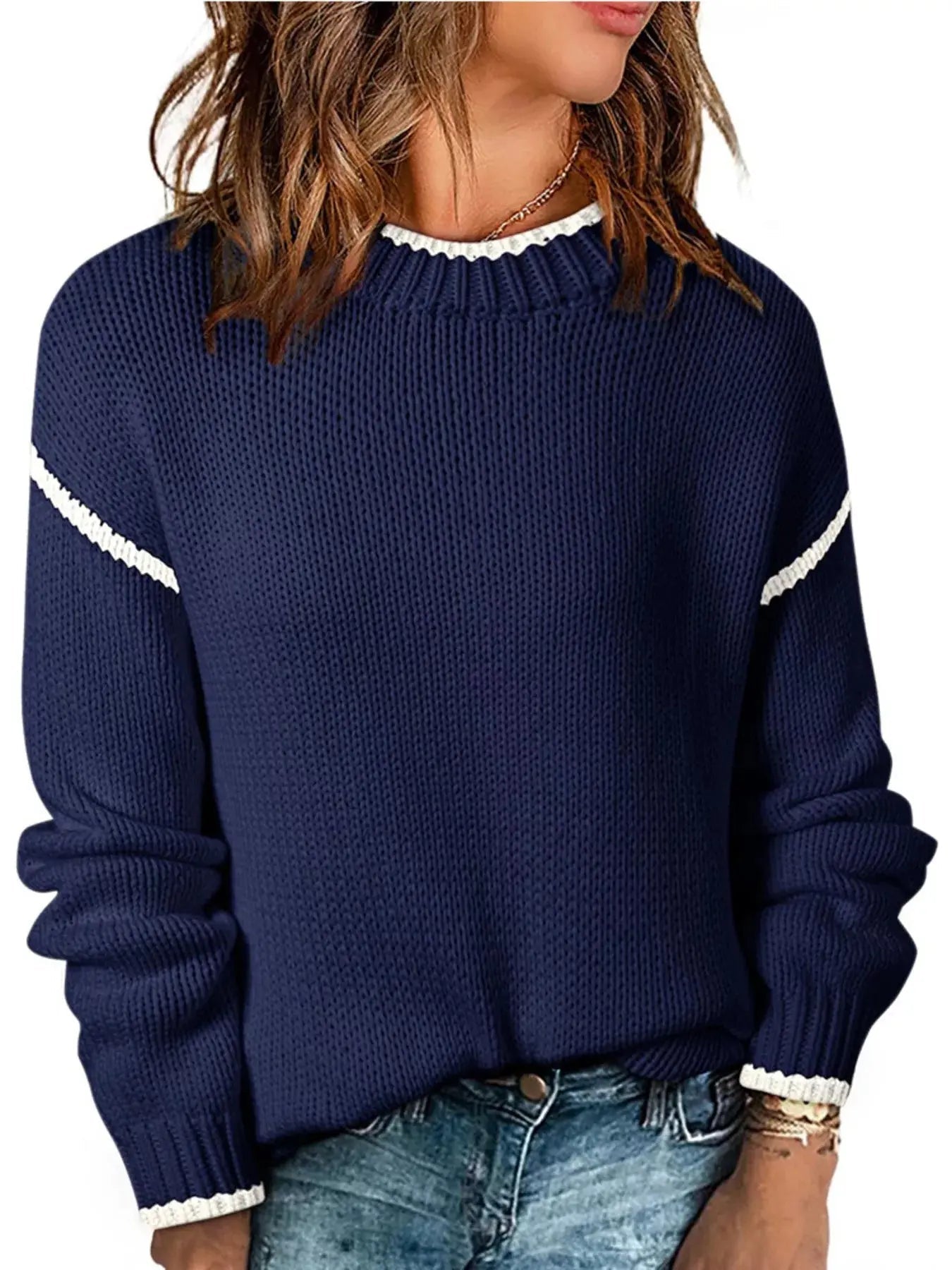 Contrast Trim Long Sleeve Sweater - Charmdeals