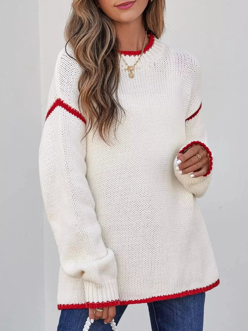 Contrast Trim Long Sleeve Sweater - Charmdeals