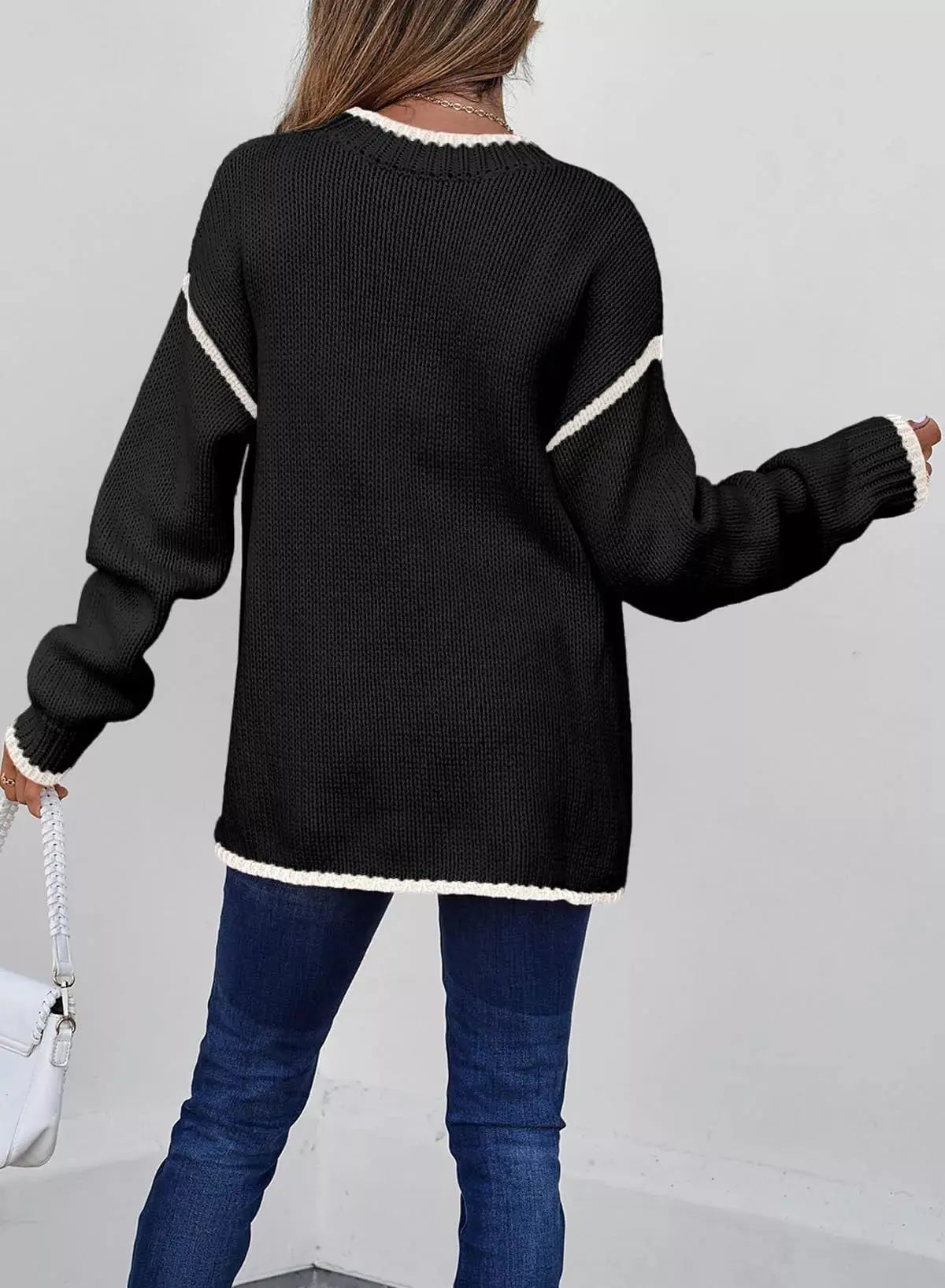 Contrast Trim Long Sleeve Sweater - Charmdeals