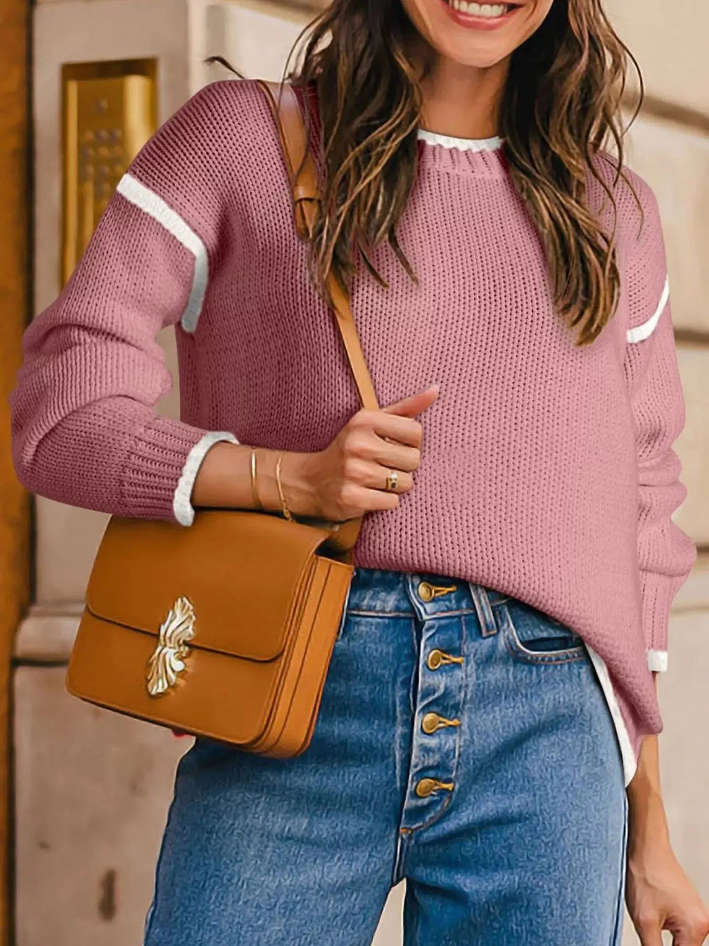 Contrast Trim Long Sleeve Sweater - Charmdeals