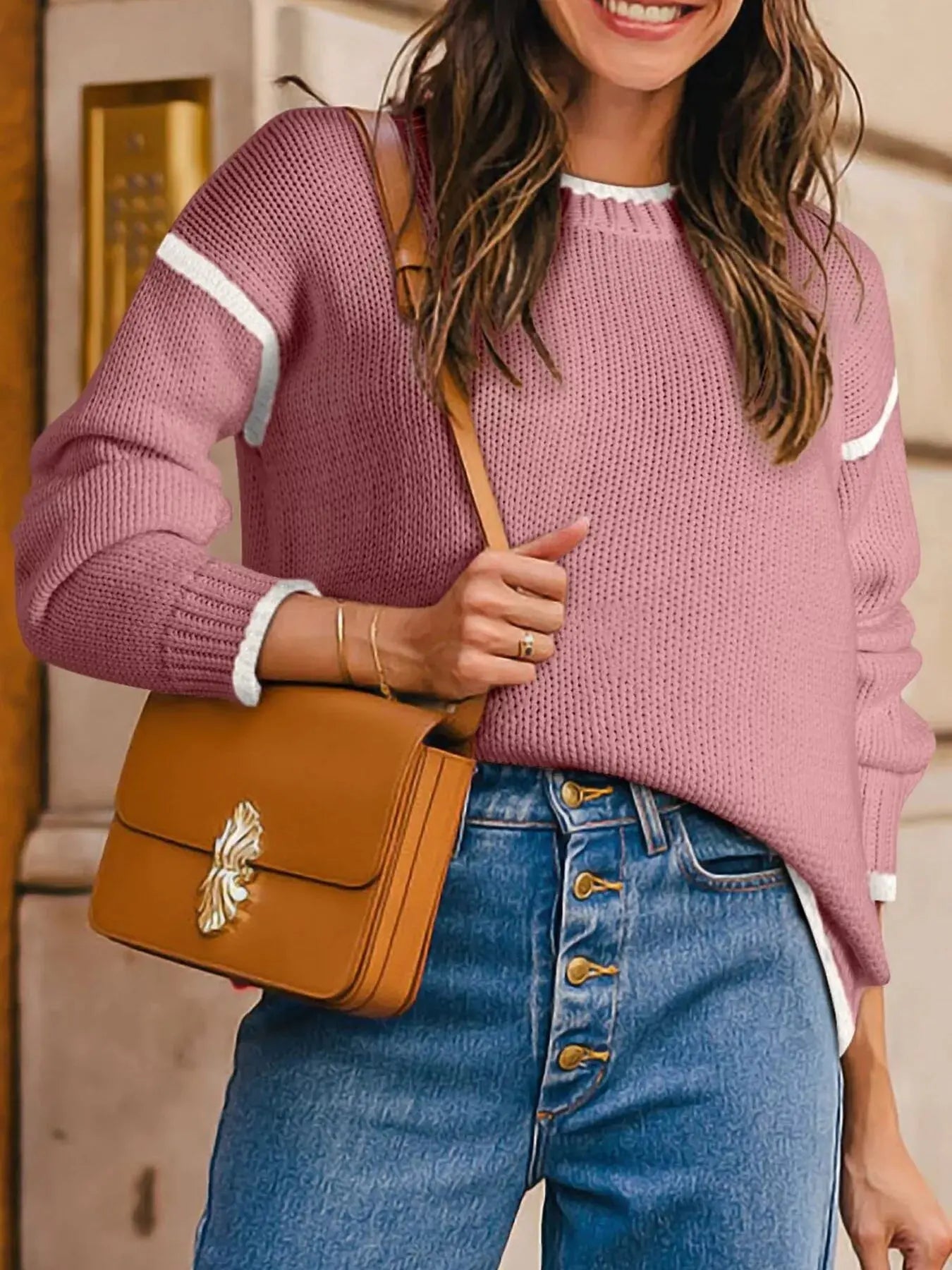 Contrast Trim Long Sleeve Sweater - Charmdeals