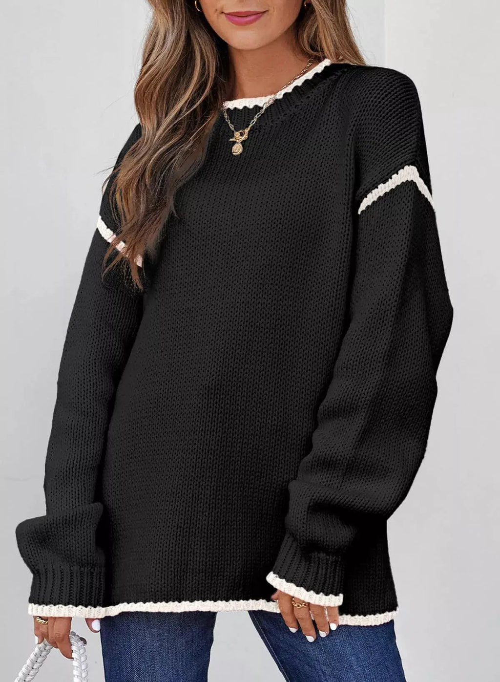 Contrast Trim Long Sleeve Sweater - Charmdeals