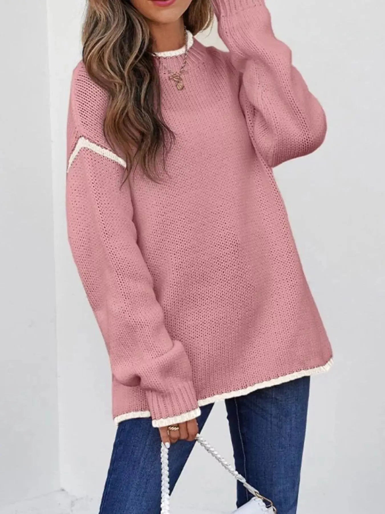 Contrast Trim Long Sleeve Sweater - Charmdeals