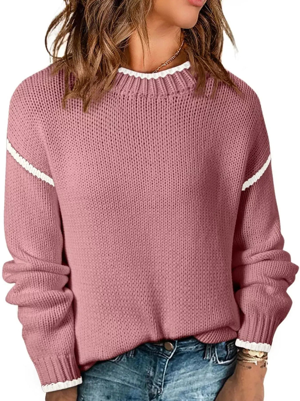 Contrast Trim Long Sleeve Sweater - Charmdeals
