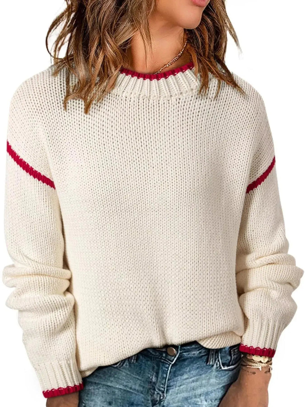 Contrast Trim Long Sleeve Sweater - Charmdeals