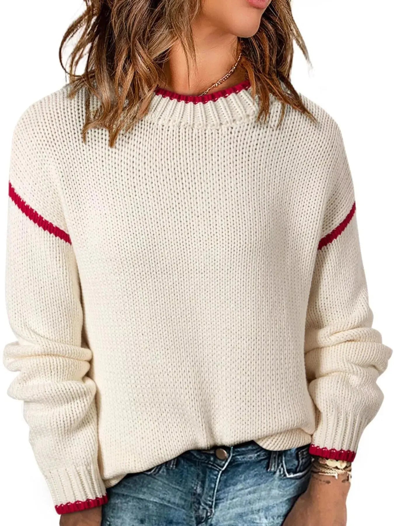 Contrast Trim Long Sleeve Sweater - Charmdeals