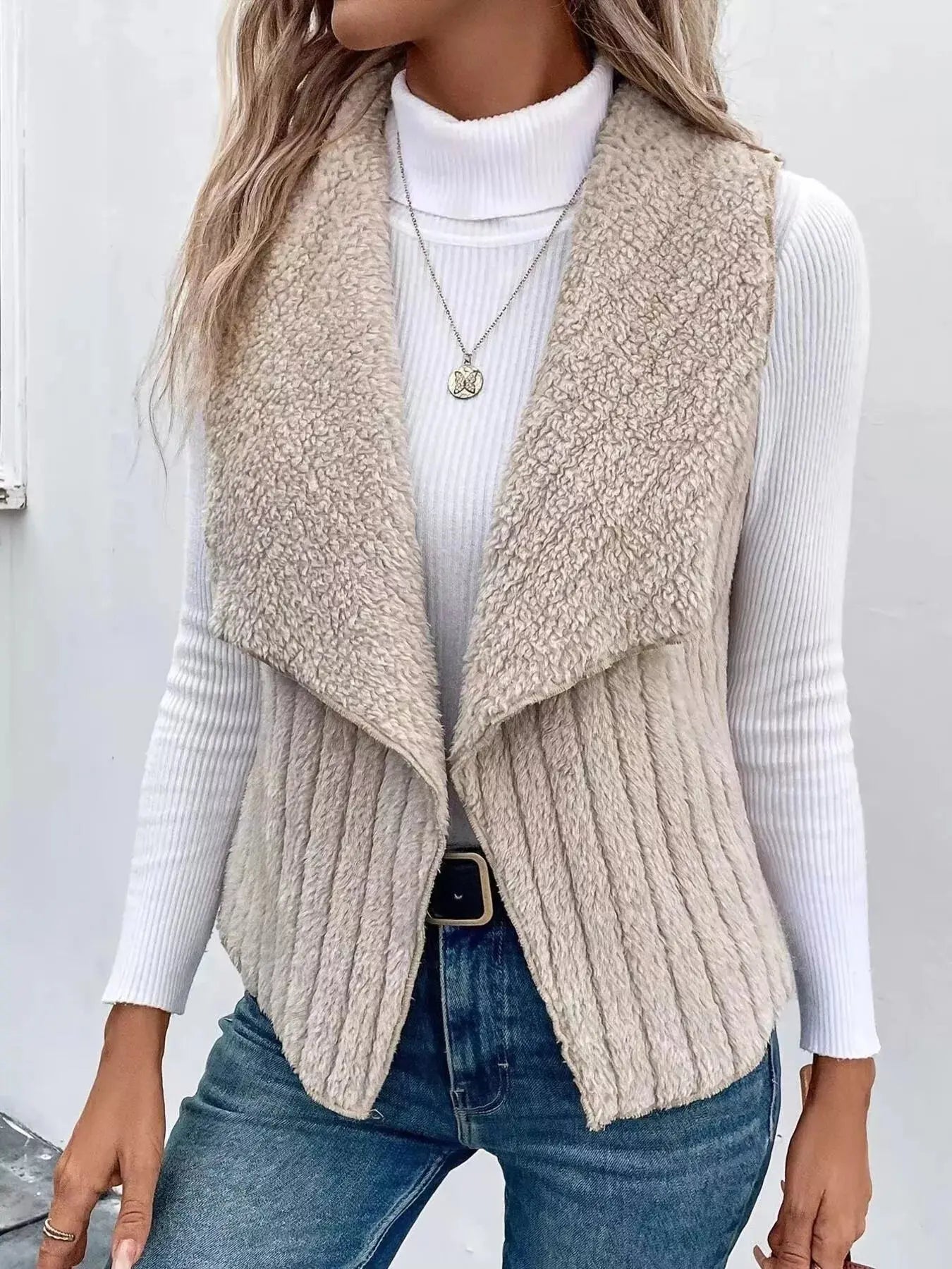 Cozy Fleece Open Front Vest Coat - Charmdeals