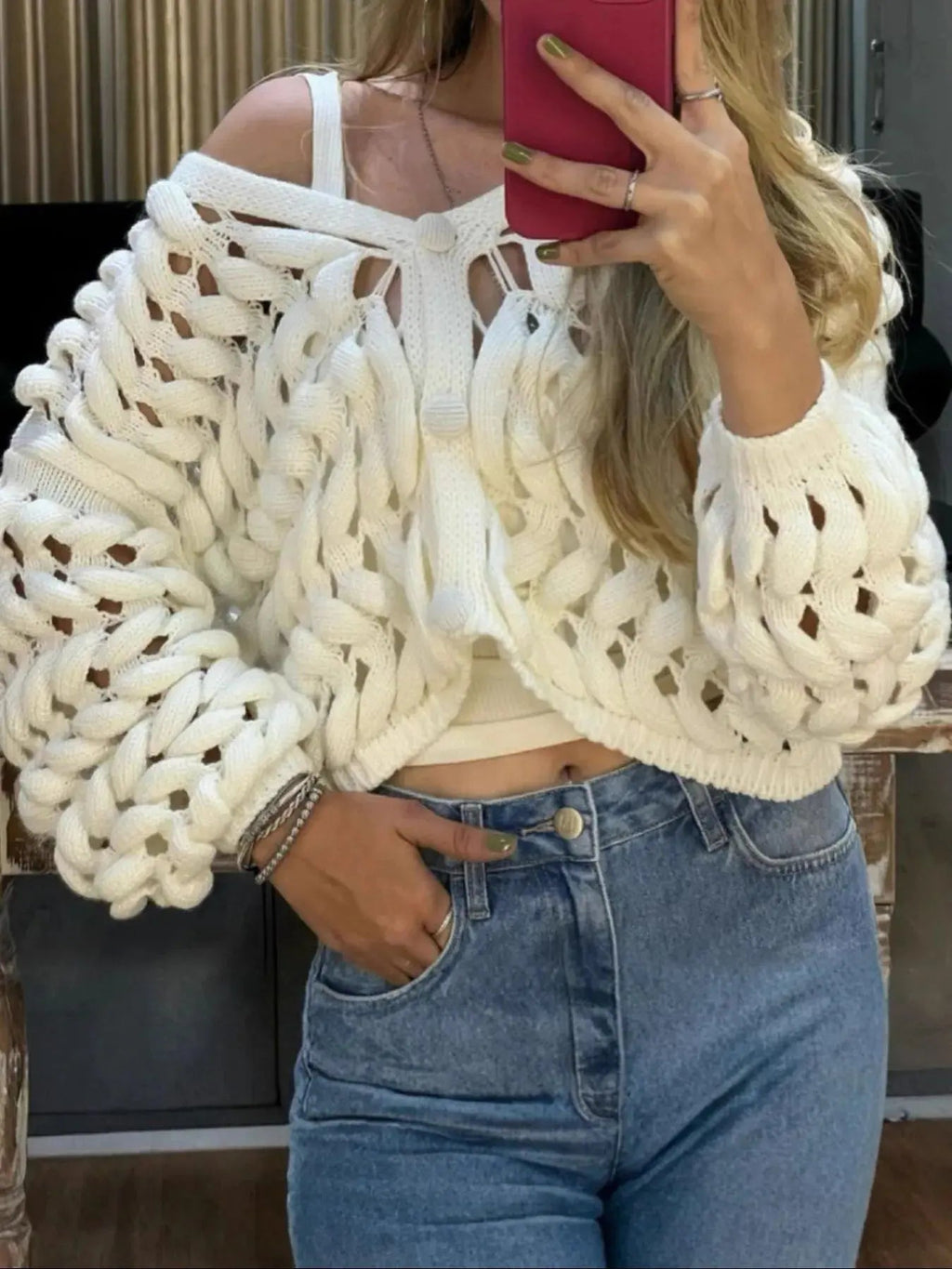 Crochet Button Up Cardigan - Charmdeals
