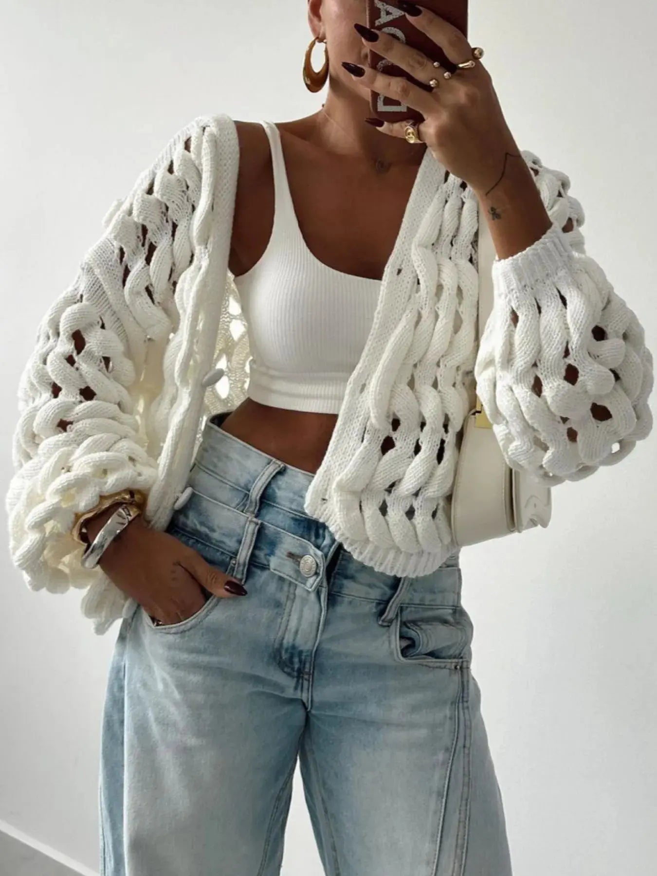 Crochet Button Up Cardigan - Charmdeals