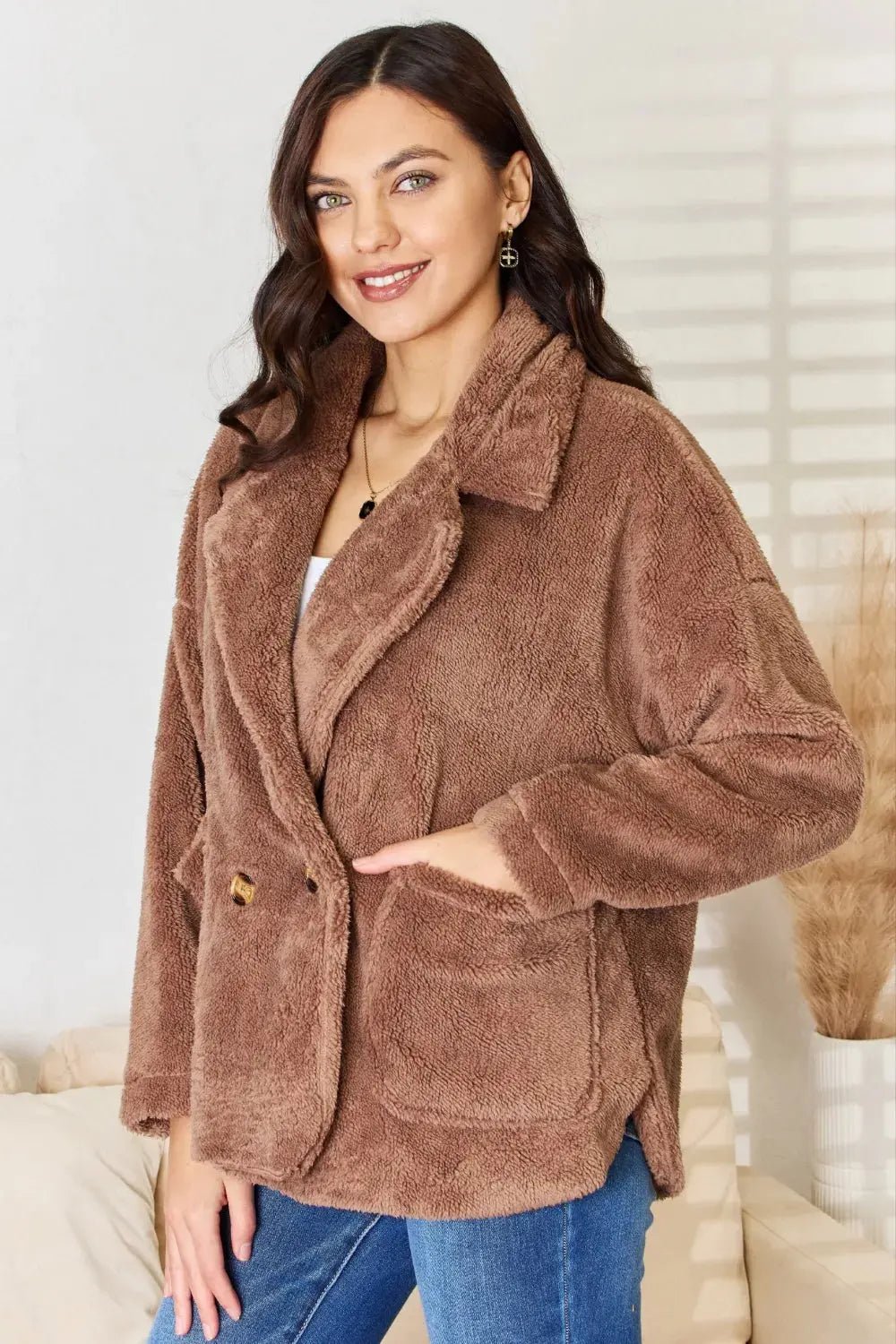 Culture Code Double Breasted Fuzzy Coat - Charmdeals