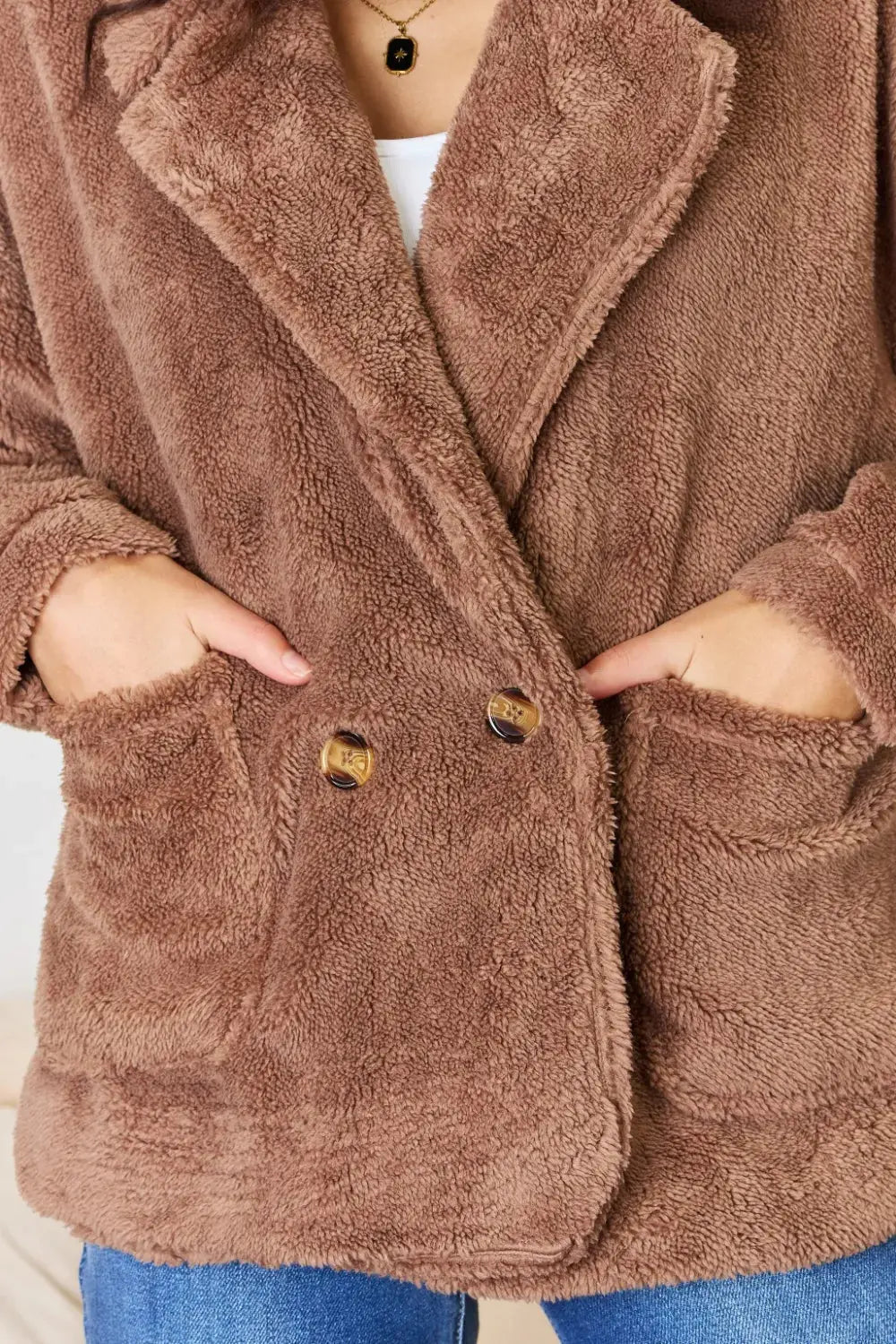 Culture Code Double Breasted Fuzzy Coat - Charmdeals