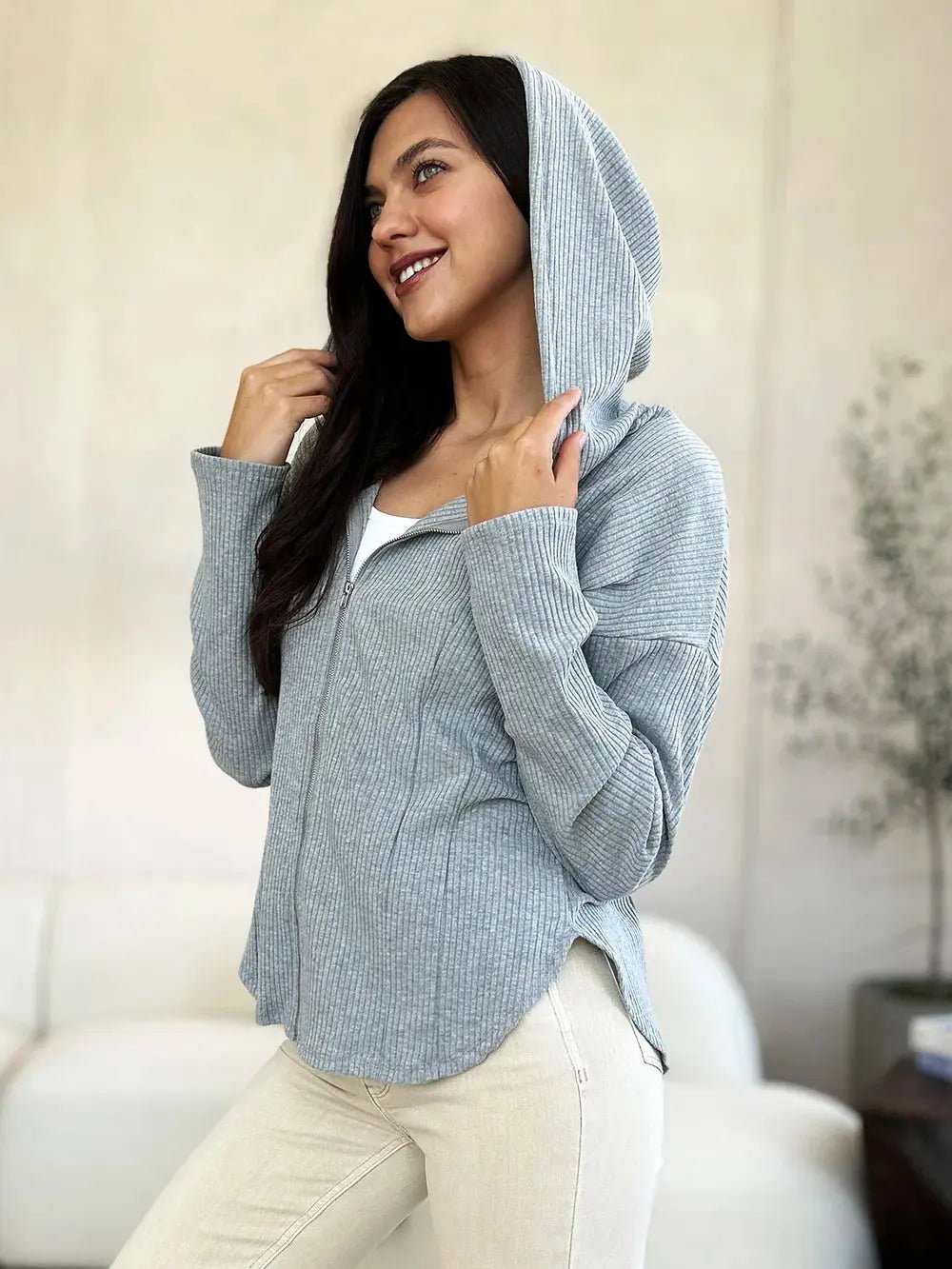 Culture Code Full Size Ribbed Zip Up Drawstring Hooded Jacket - Charmdeals