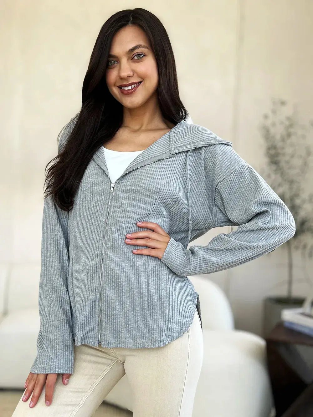 Culture Code Full Size Ribbed Zip Up Drawstring Hooded Jacket - Charmdeals