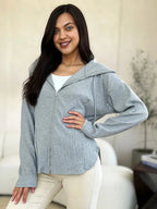Culture Code Full Size Ribbed Zip Up Drawstring Hooded Jacket - Charmdeals