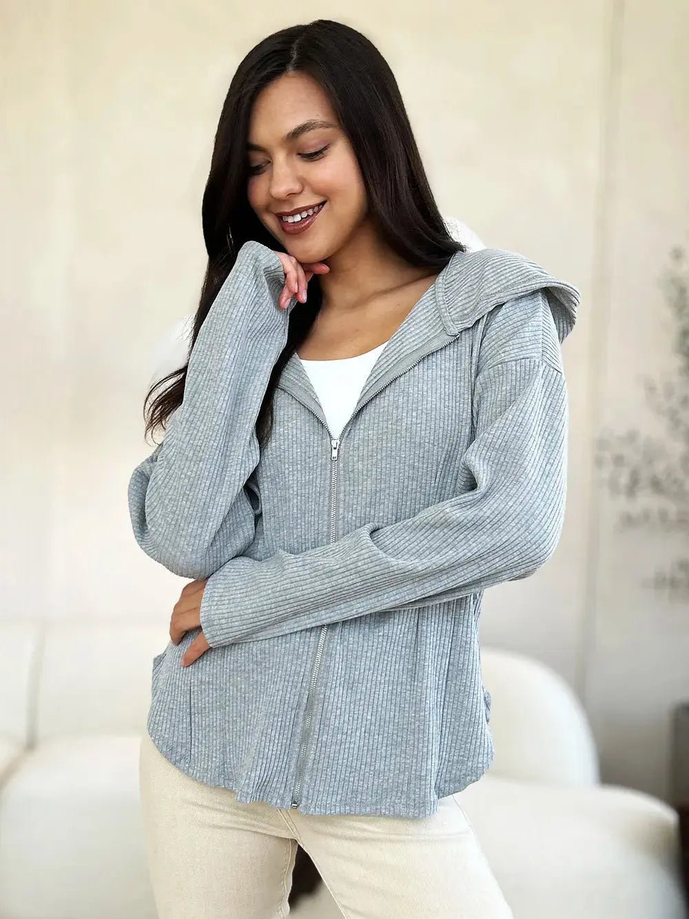 Culture Code Full Size Ribbed Zip Up Drawstring Hooded Jacket - Charmdeals