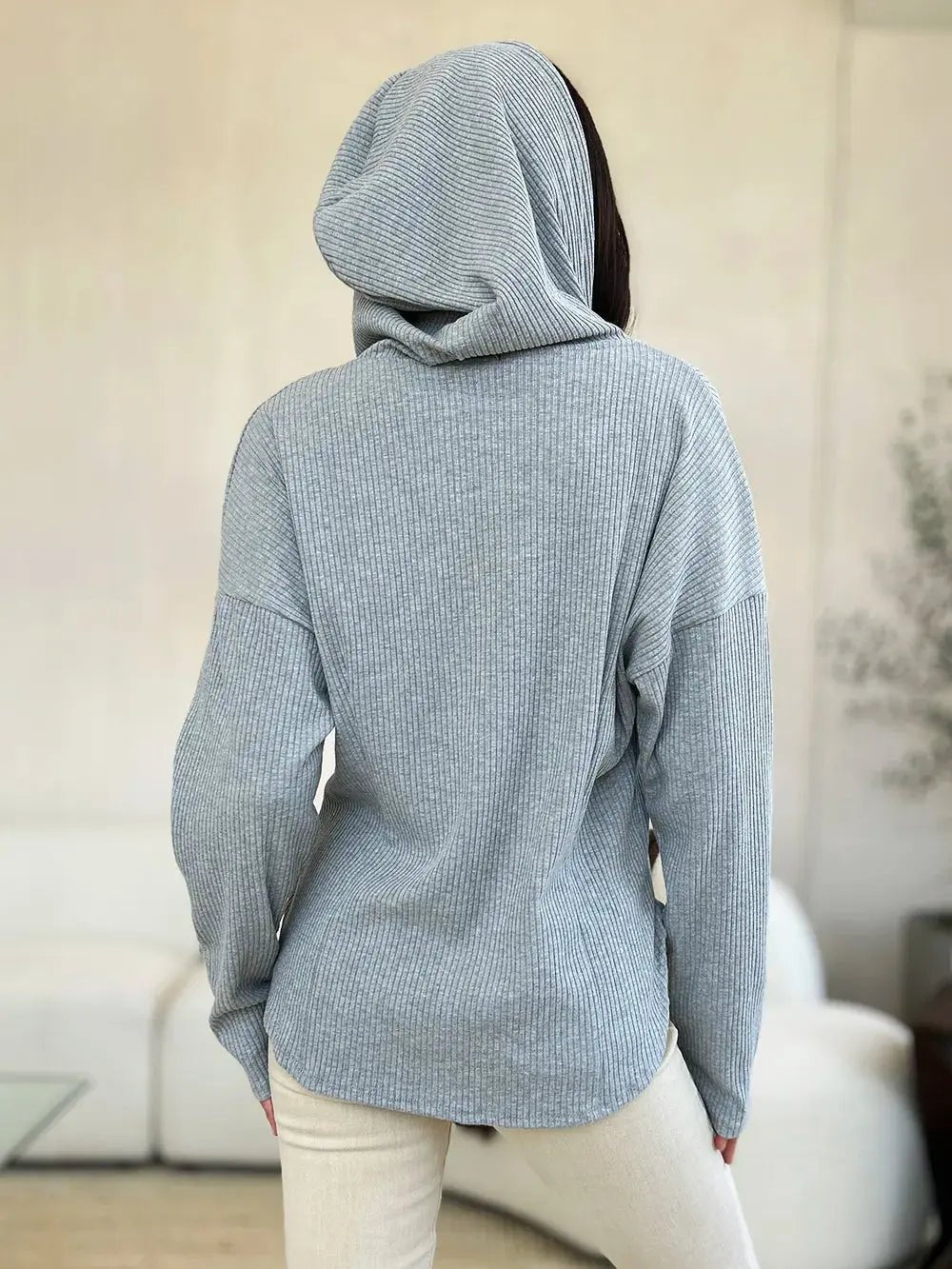 Culture Code Full Size Ribbed Zip Up Drawstring Hooded Jacket - Charmdeals