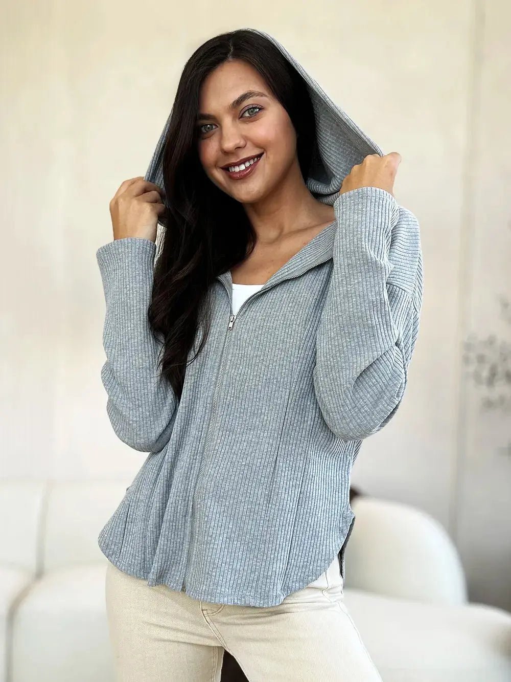 Culture Code Full Size Ribbed Zip Up Drawstring Hooded Jacket - Charmdeals