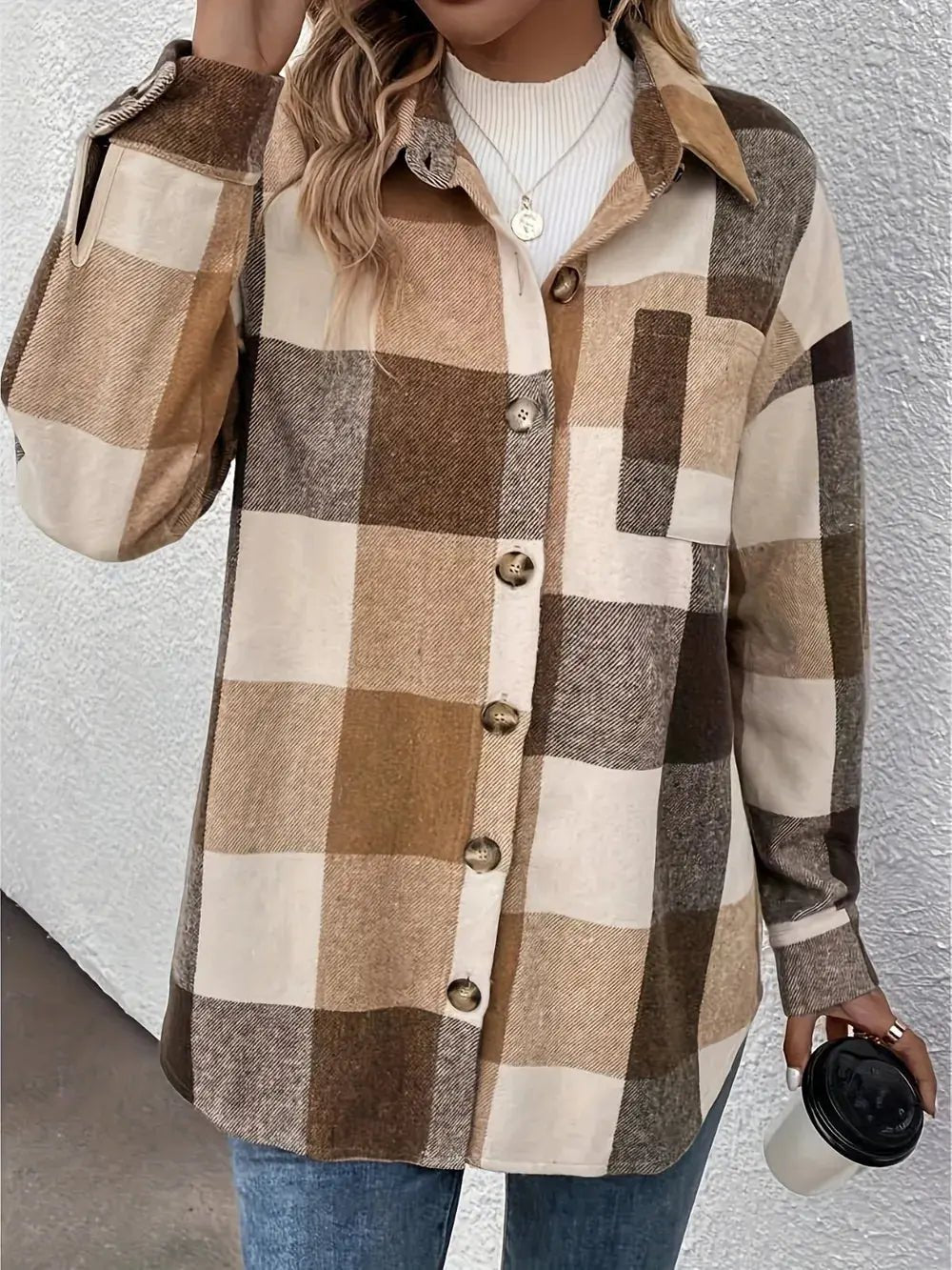 Curved Hem Plaid Collared Neck Shacket - Charmdeals