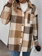 Curved Hem Plaid Collared Neck Shacket - Charmdeals