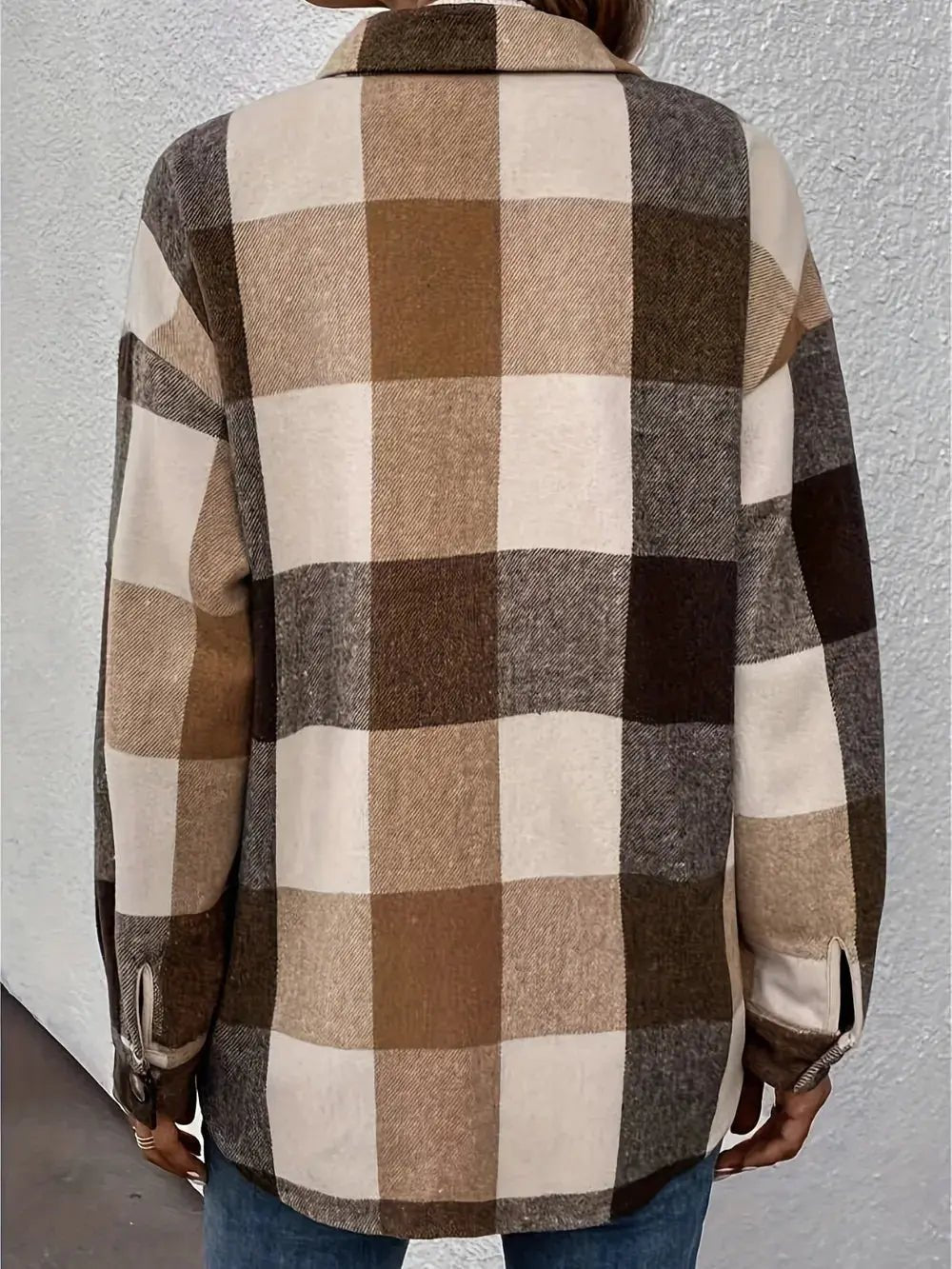 Curved Hem Plaid Collared Neck Shacket - Charmdeals