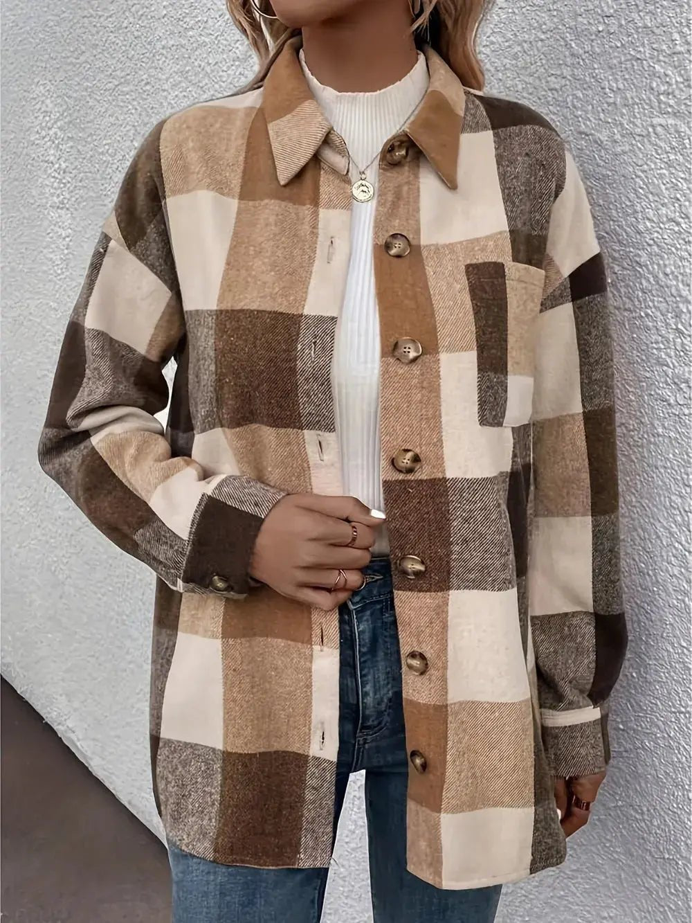 Curved Hem Plaid Collared Neck Shacket - Charmdeals