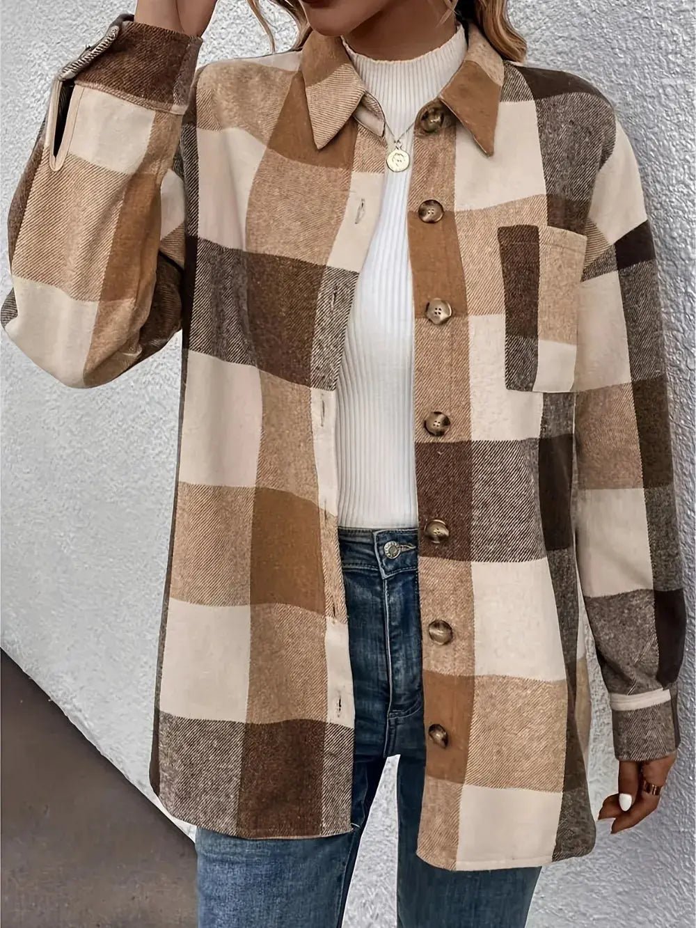 Curved Hem Plaid Collared Neck Shacket - Charmdeals