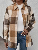 Curved Hem Plaid Collared Neck Shacket - Charmdeals