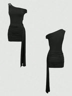 Cutout Asymmetrical Shoulder Mini Dress - Charmdeals