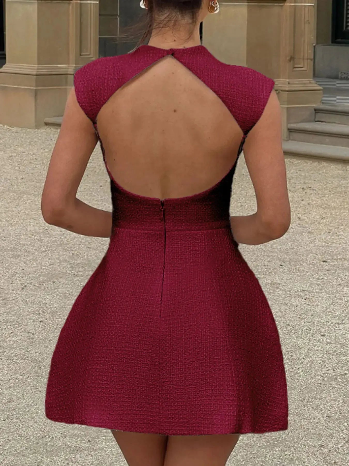 Cutout Back Round Neck Cap Sleeve Mini Dress - Charmdeals