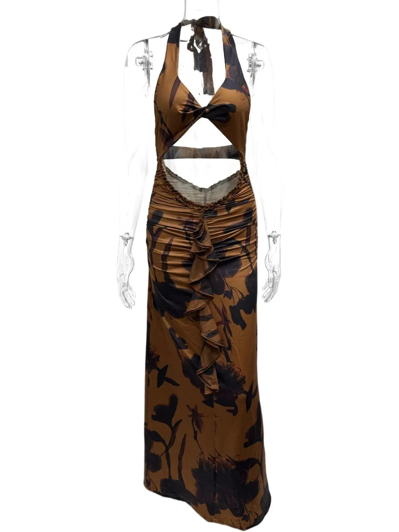 Cutout Printed Halter Neck Maxi Dress - Charmdeals