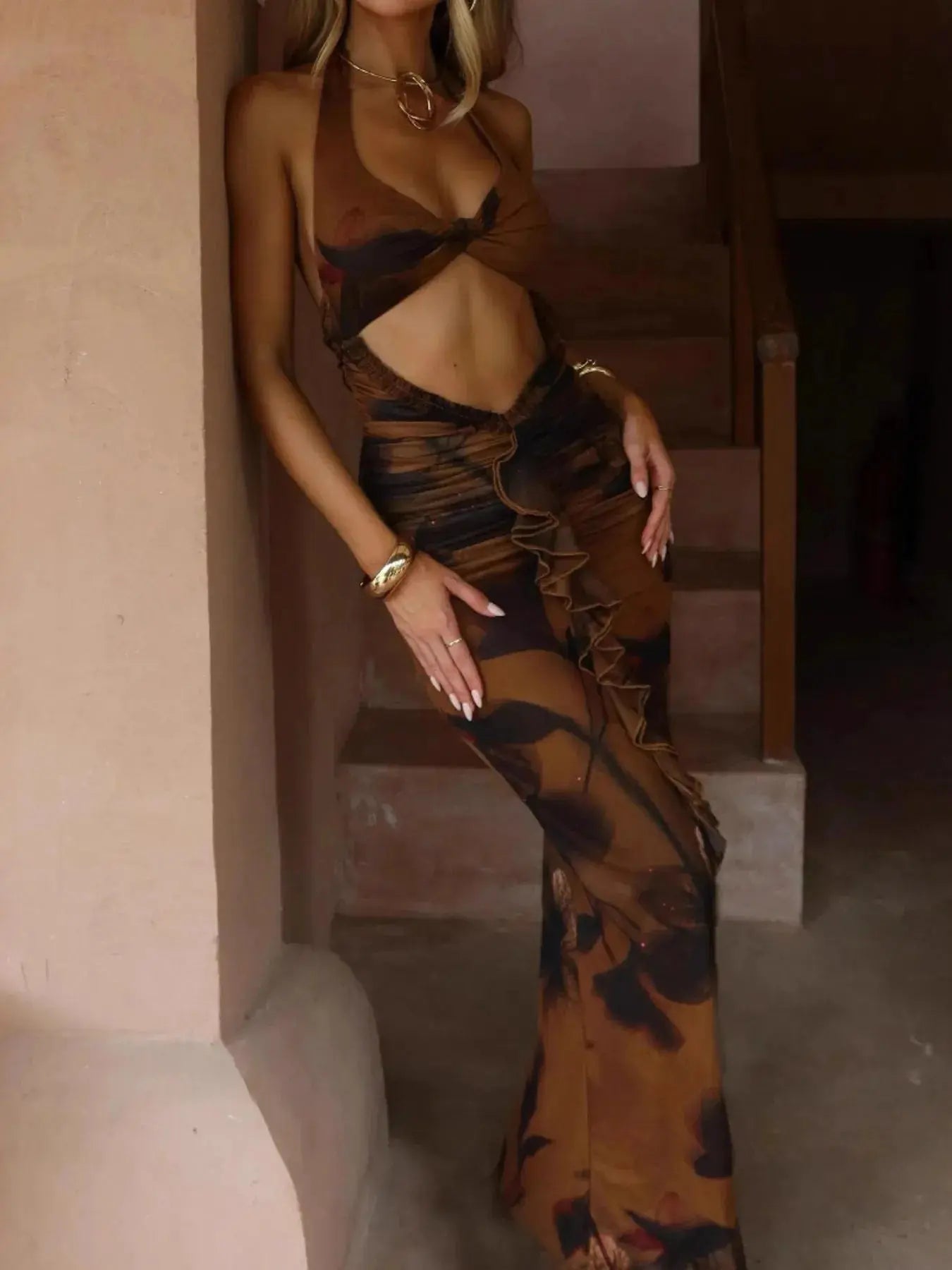 Cutout Printed Halter Neck Maxi Dress - Charmdeals
