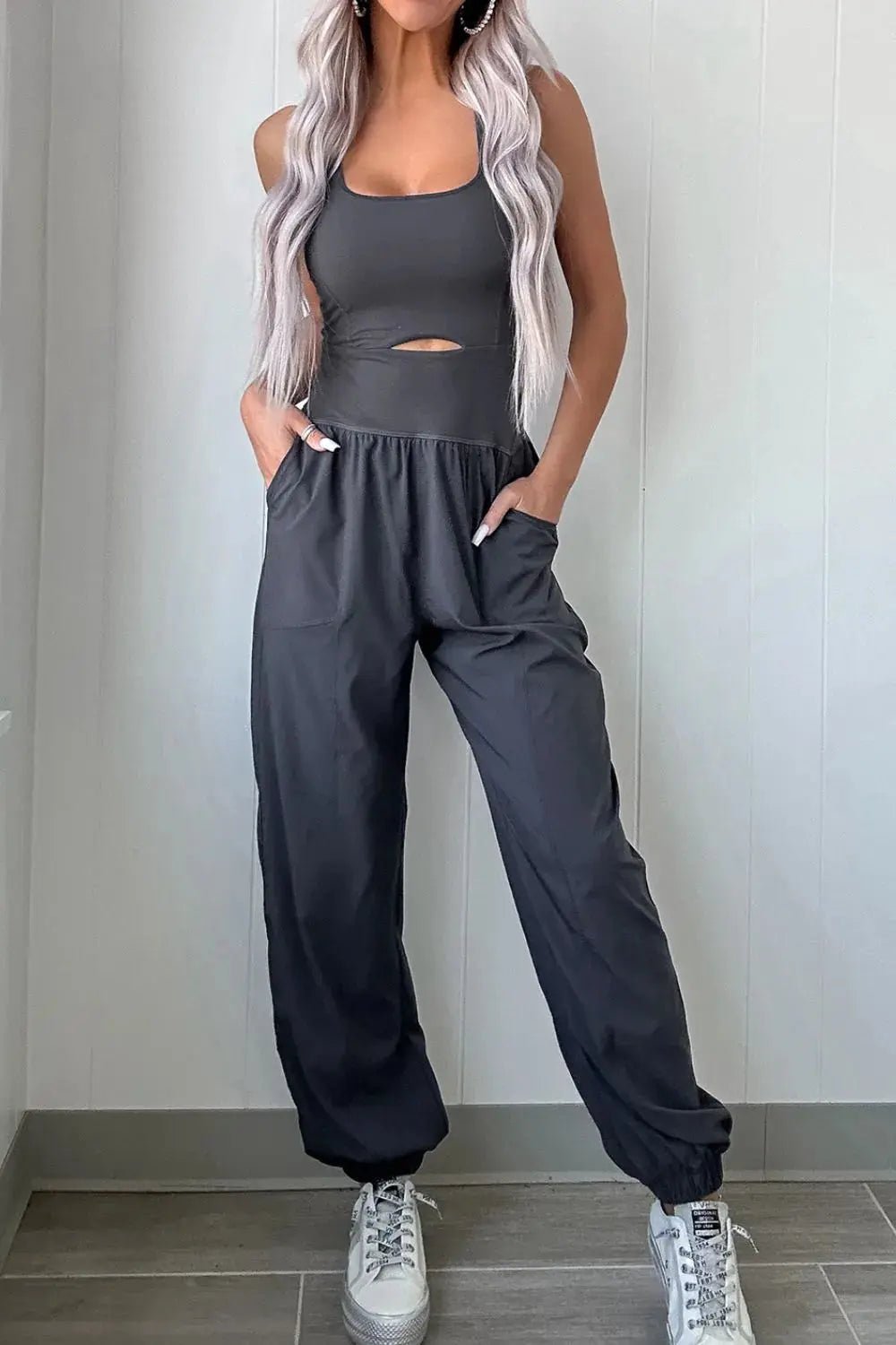 Cutout Square Neck Wide Strap Active Jumpsuit - Charmdeals