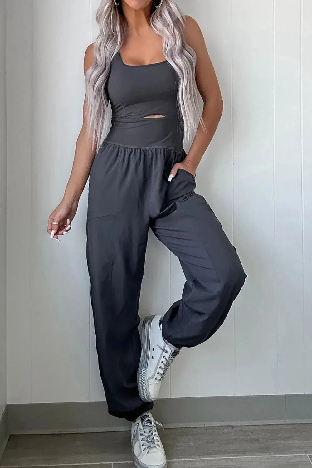Cutout Square Neck Wide Strap Active Jumpsuit - Charmdeals