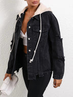 Distressed Drawstring Button Up Hooded Denim Jacket - Charmdeals