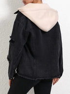 Distressed Drawstring Button Up Hooded Denim Jacket - Charmdeals