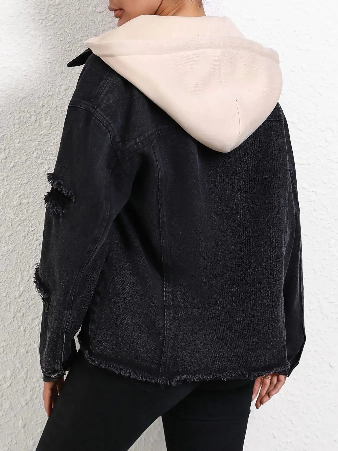Distressed Drawstring Button Up Hooded Denim Jacket - Charmdeals
