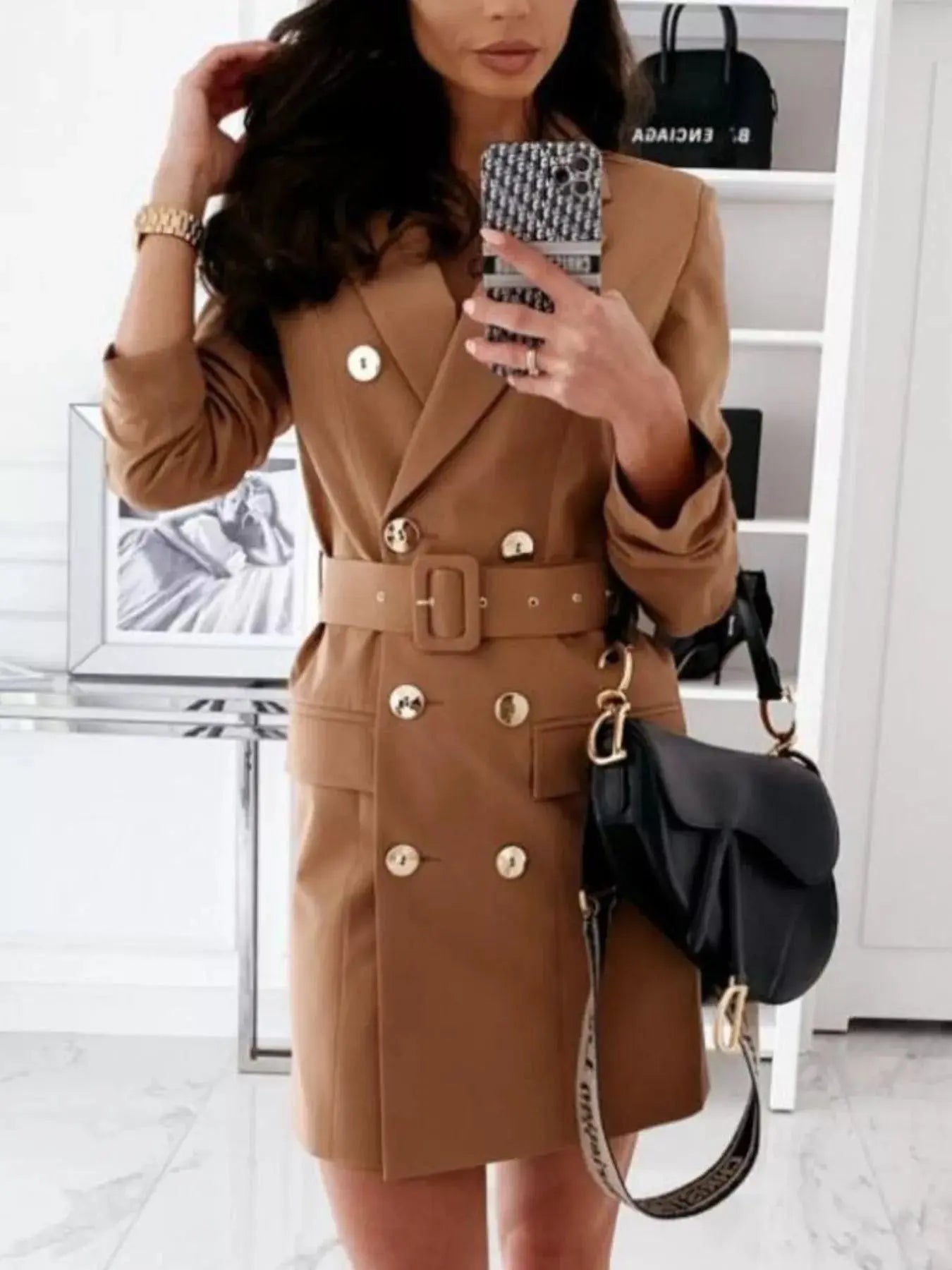 Double - Breasted Belted Blazer Dress - Charmdeals