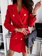Double - Breasted Belted Blazer Dress - Charmdeals