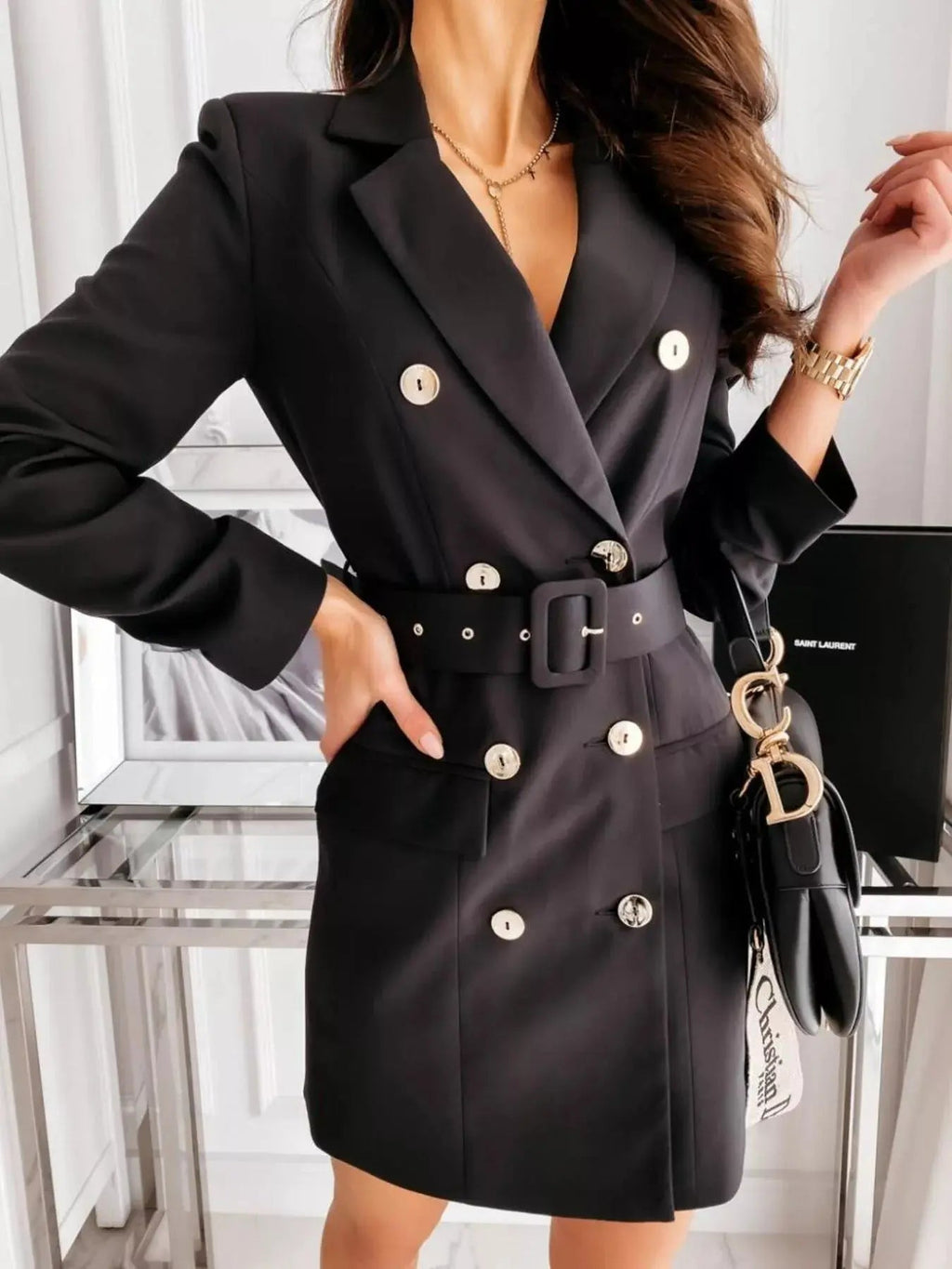 Double - Breasted Belted Blazer Dress - Charmdeals