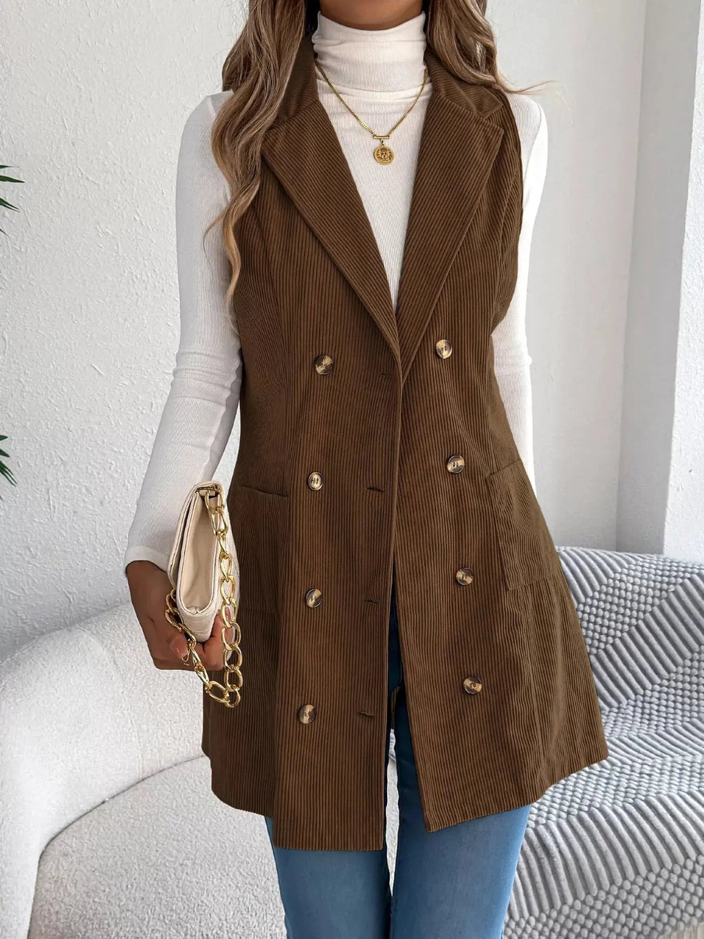Double - Breasted Long Vest Coat - Charmdeals