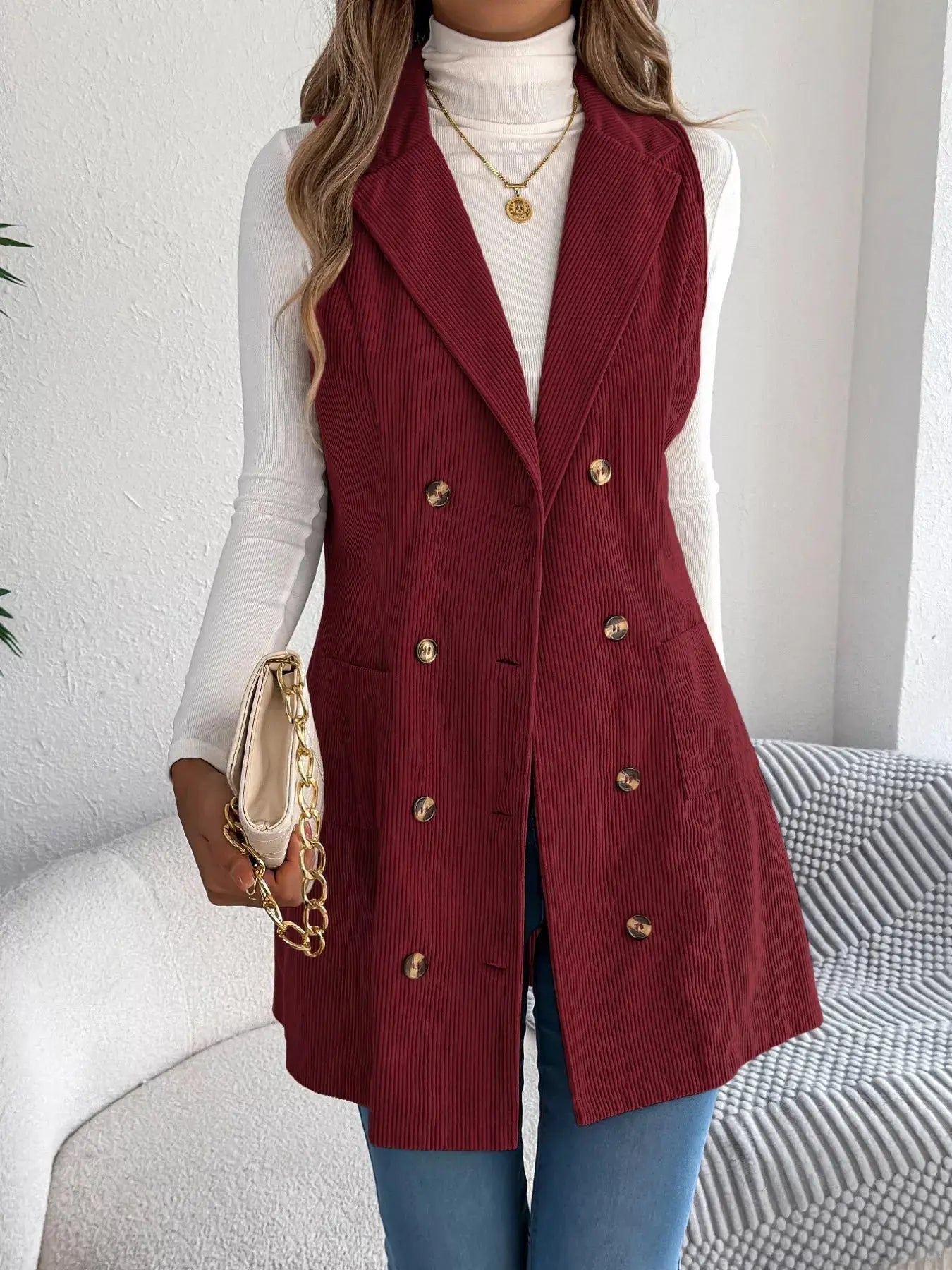 Double - Breasted Long Vest Coat - Charmdeals
