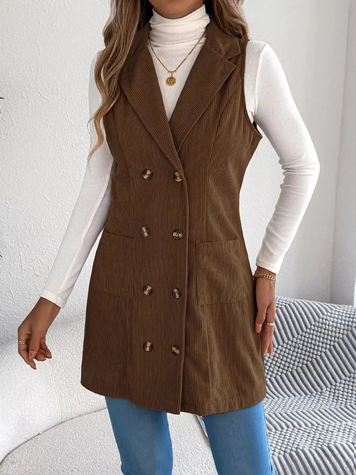 Double - Breasted Long Vest Coat - Charmdeals