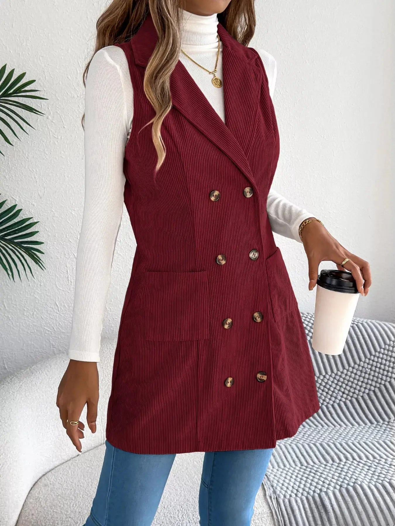 Double - Breasted Long Vest Coat - Charmdeals