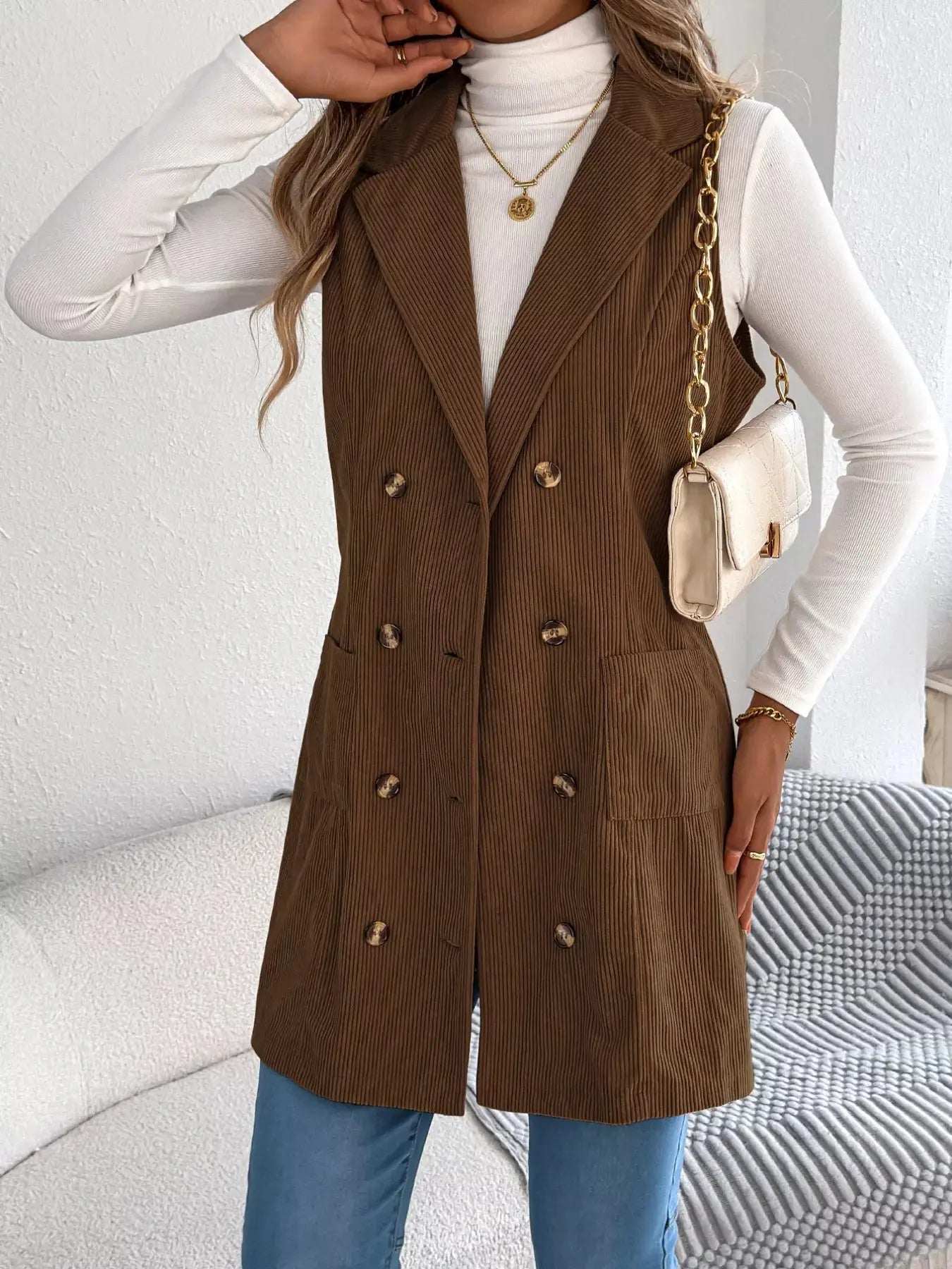 Double - Breasted Long Vest Coat - Charmdeals